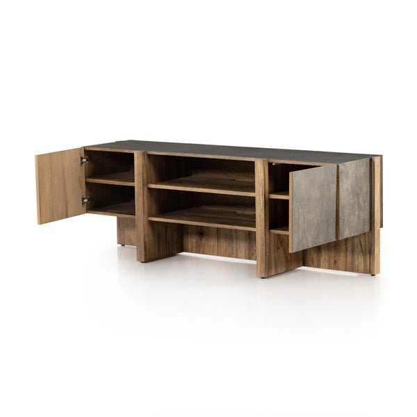 Bingham Media Console in distressed iron and rustic oak