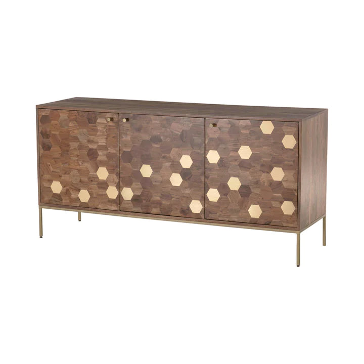 Kenzo Sideboard - wood sideboard with hexagonal brass inlay, available at City Home