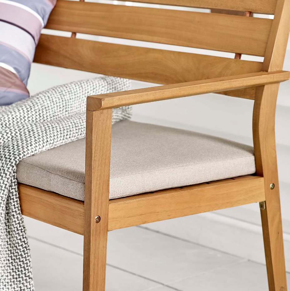 Viewscape Outdoor Patio Ash Wood Loveseat: Up-Close Bench and Cushion View