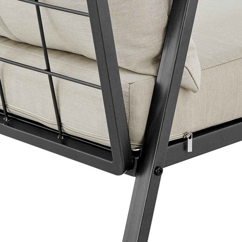 Rivano Fabric Outdoor Accent Arm Chair: Up-Close Back Rest and Chair Leg View-Coastal Taupe