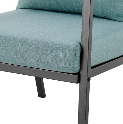 Rivano Fabric Outdoor Accent Arm Chair: Up-Close Seat Corner View-Coastal Blue