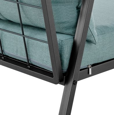 Rivano Fabric Outdoor Accent Arm Chair: Up-Close Back Rest and Chair Leg View-Coastal Blue