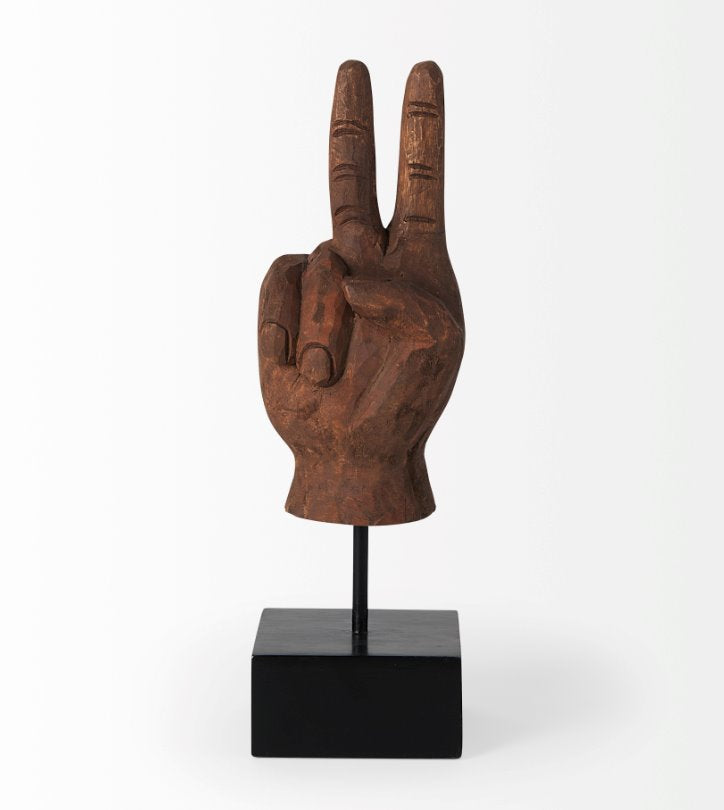 Natural Wooden Carved Peace Sign Hand:    This sculpture is a beautiful piece that features stunning clean lines and subtle curves that adds a trendy accent to your space.