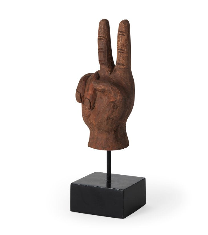 Natural Wooden Carved Peace Sign Hand:  This sculpture is a beautiful piece that features stunning clean lines and subtle curves that adds a trendy accent to your space.
