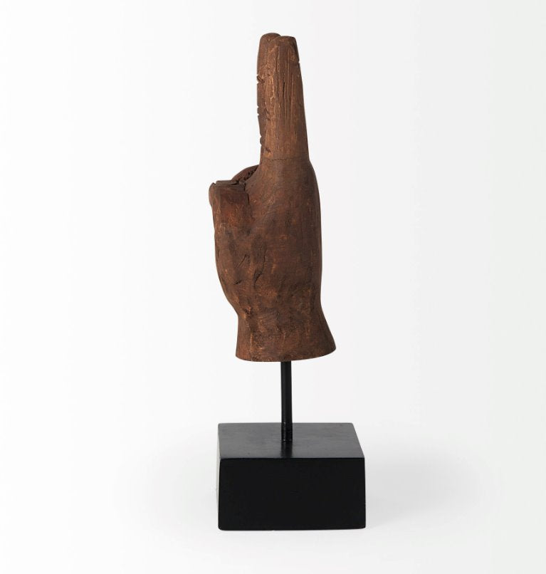 Natural Wooden Carved Peace Sign Hand:  This sculpture is a beautiful piece that features stunning clean lines and subtle curves that adds a trendy accent to your space.
