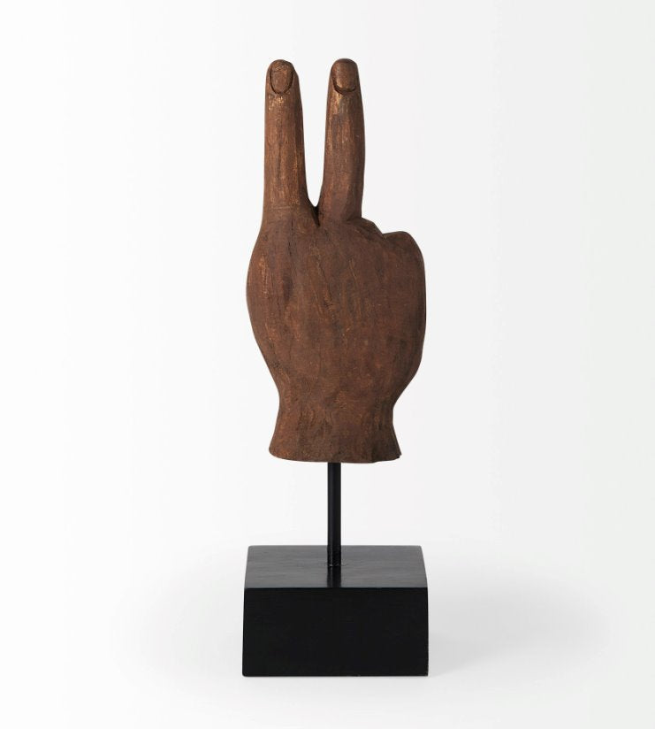 Natural Wooden Carved Peace Sign Hand:  This sculpture is a beautiful piece that features stunning clean lines and subtle curves that adds a trendy accent to your space.
