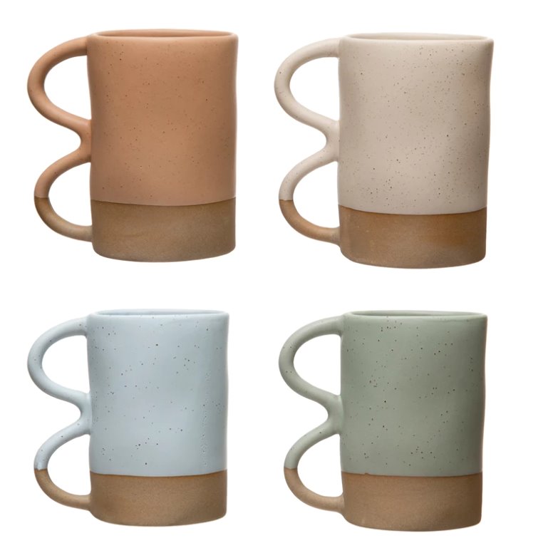 Matte Speckled Stoneware Squiggle Handle Mug: Functionality meets aesthetic with these beautiful stoneware mugs. The matte color scheme with the subtle specks and the squiggle handle makes these mugs a must-have in the kitchen.
