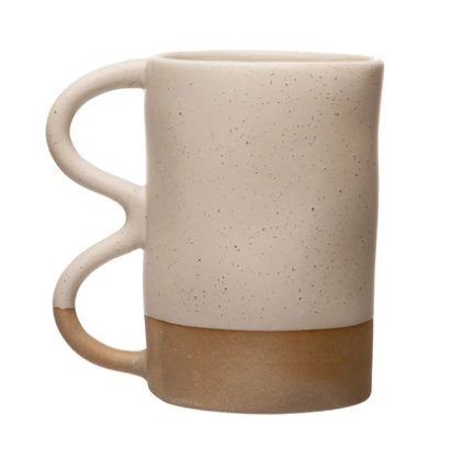 Matte Speckled Stoneware Squiggle Handle Mug: Functionality meets aesthetic with these beautiful stoneware mugs. The matte color scheme with the subtle specks and the squiggle handle makes these mugs a must-have in the kitchen.