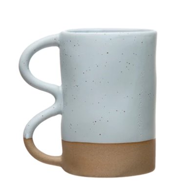 Matte Speckled Stoneware Squiggle Handle Mug: Functionality meets aesthetic with these beautiful stoneware mugs. The matte color scheme with the subtle specks and the squiggle handle makes these mugs a must-have in the kitchen.