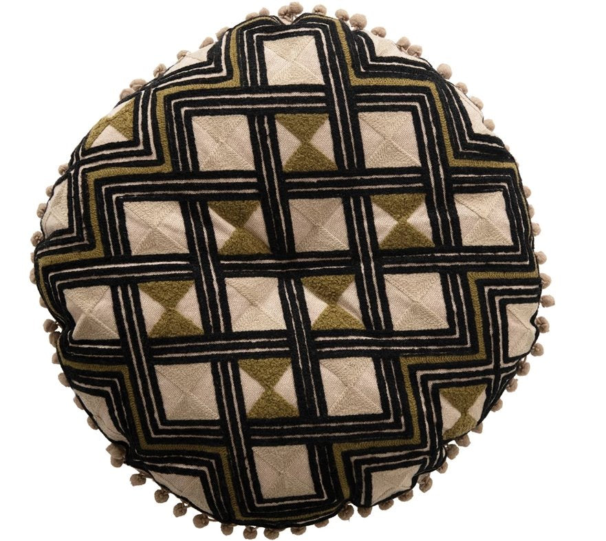 Embroidered Round Cotton Pillow with Pom Poms:  Elevate your space with this cute textured multi-colored pattern pillow with pom poms along the edge. This pillow brings both comfort and unique style to your home.