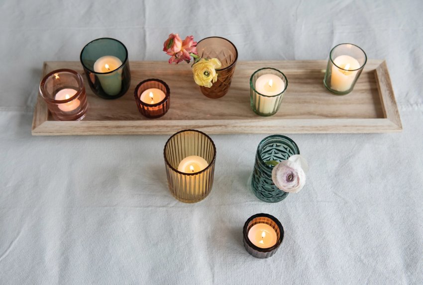 Embossed Glass Votive Holders with Tray, top view