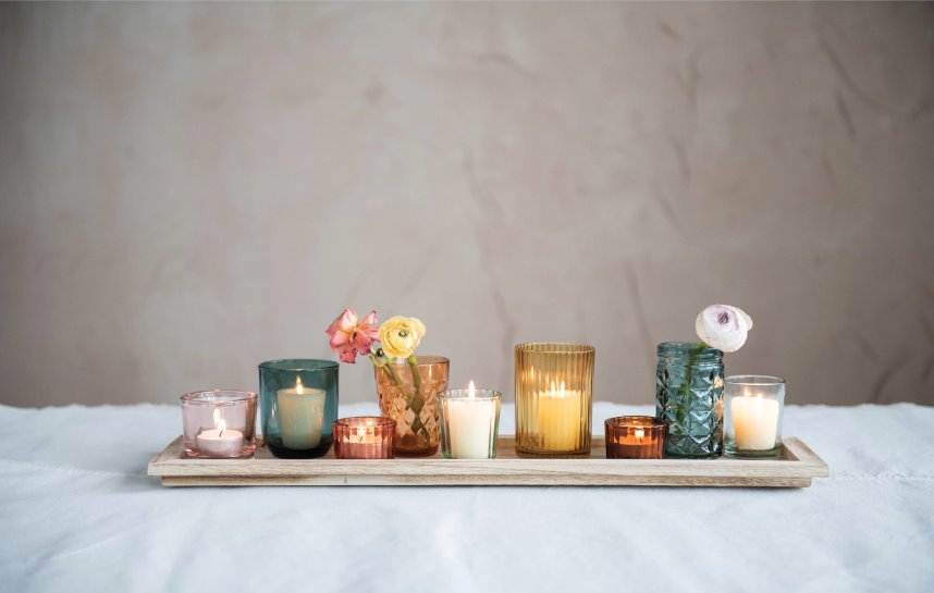 Embossed Glass Votive Holders with Tray, styled with candles and flowers