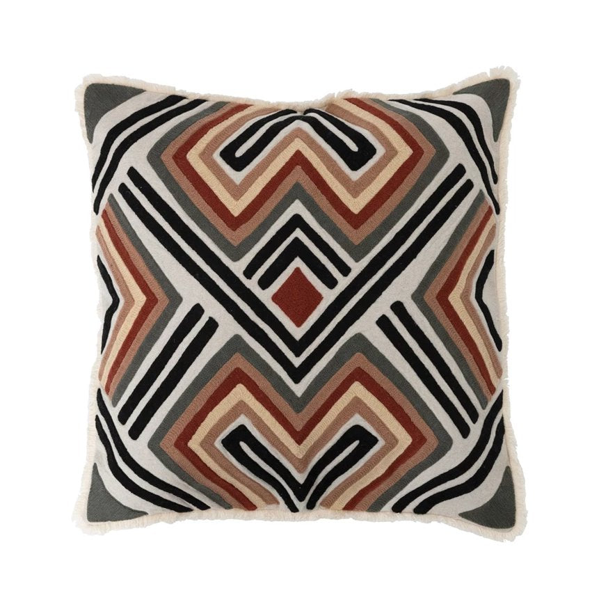 Cotton Embroidered Pattern Pillow w/ Fringe, Polyester Fill: Available at City Home PDX