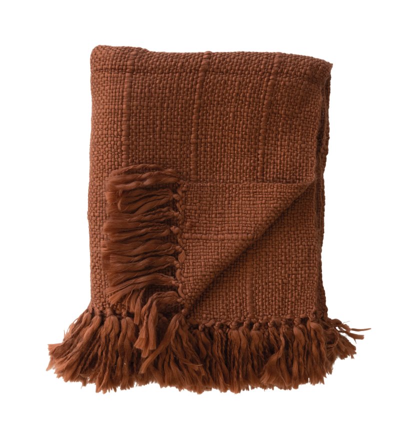 Rust Woven Wool and Acrylic Throw Blanket with Fringe: Folded View
