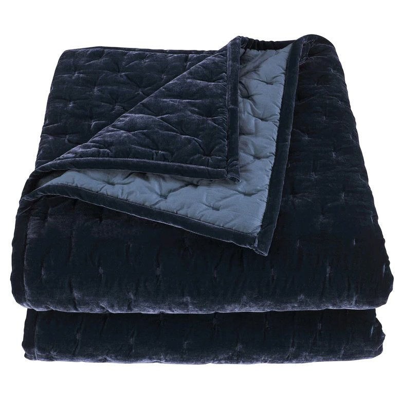 Stella Midnight Blue Faux Silk Velvet Quilt Set: Product View