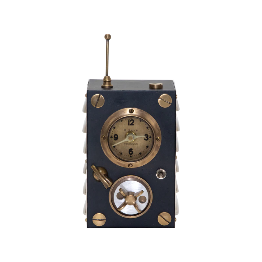 Transmitter table clock showing clock face and knobs