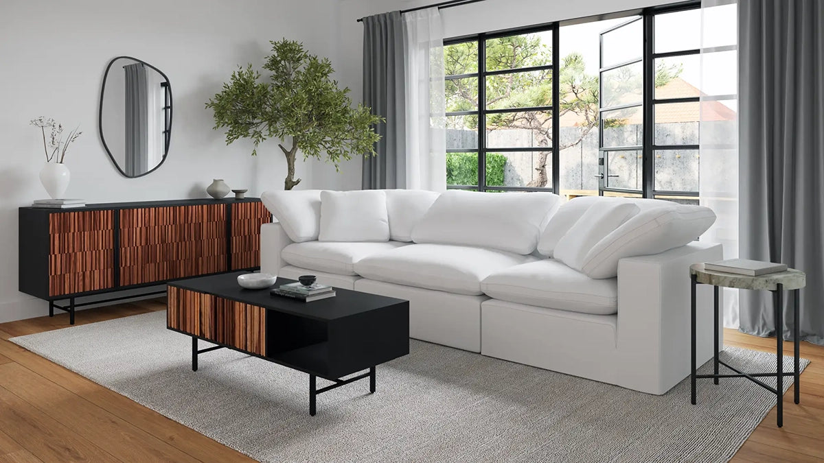 Jackson Sideboard styled with a white sofa and rug